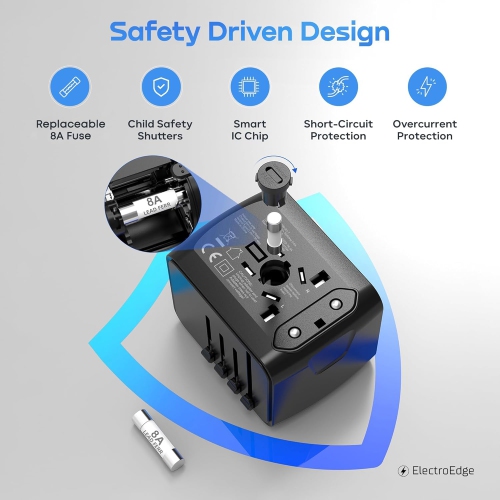 Universal Travel Plug Adapter, International Power Adapter with 1 USB-C and 3 USB-A Ports and Multiple AC Outlets, 5 in 1 Global Travel Socket