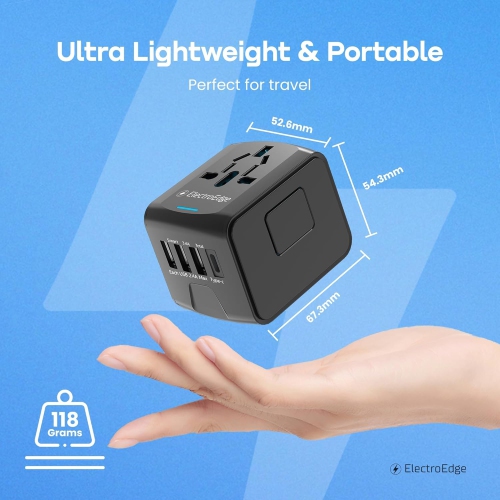 Universal Travel Plug Adapter, International Power Adapter with 1 USB-C and 3 USB-A Ports and Multiple AC Outlets, 5 in 1 Global Travel Socket