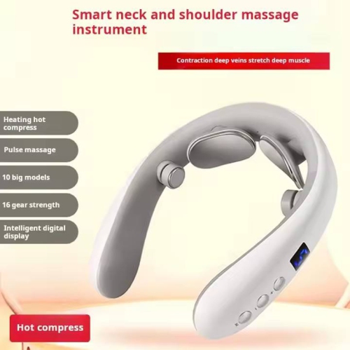 Portable cervical massager, neck hot compress massager, rechargeable neck protector, cervical massager,Practical gift, white, pulse + vibration