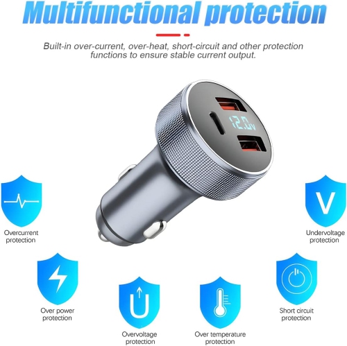 72W Fast Car Charger Adapter, Dual USB Fast Charging Type C Car Charger with LED Display, QC 3.0 PD Cigarette Lighter Adapter for Laptop, Smartphone,