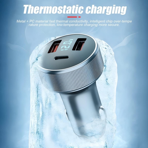 72W Fast Car Charger Adapter, Dual USB Fast Charging Type C Car Charger with LED Display, QC 3.0 PD Cigarette Lighter Adapter for Laptop, Smartphone,