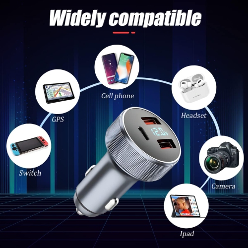 72W Fast Car Charger Adapter, Dual USB Fast Charging Type C Car Charger with LED Display, QC 3.0 PD Cigarette Lighter Adapter for Laptop, Smartphone,