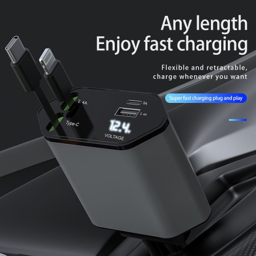 Chargeur rétractable pour l'auto, chargeur de téléphone 4 en 1 rapide pour l'auto Câble rétractable 120&nbsp;W et 2 ports USB Compatible avec