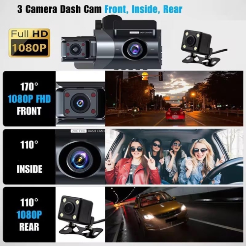 3-Channel Car DVR - 1080P HD, Front Camera, 170° Wide Angle, G-Sensor, 3-inch HD Night Vision Car DVR with WiFi, Triple Lens, Three Recording Modes,