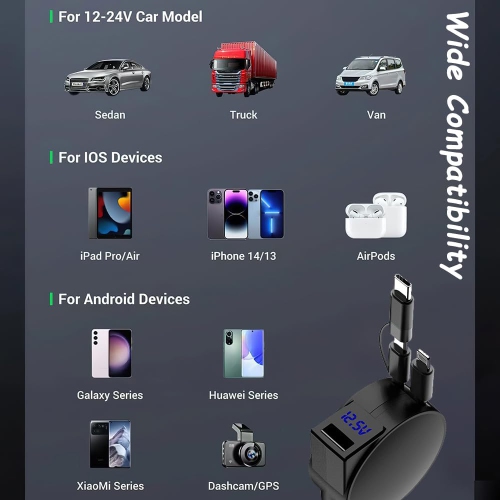 Chargeur de voiture à câble rétractable Chargement super rapide 60&nbsp;W affichage numérique multifonctionnel 3-en-1 chargeur d'allume-cigarede