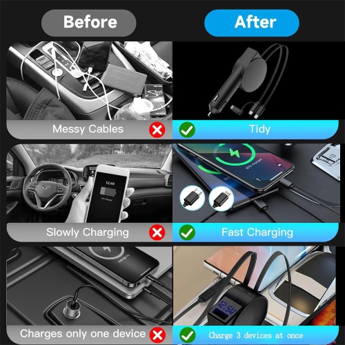 Chargeur de voiture à câble rétractable Chargement super rapide 60&nbsp;W affichage numérique multifonctionnel 3-en-1 chargeur d'allume-cigarede