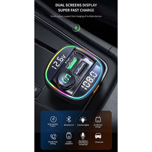 Car Bluetooth FM Transmitter, Hands-free Calling, Dual Screen Display, QC3.0 and USB-C PD 20W Fast Charger and 7 Colors LED Backlight Car Radio