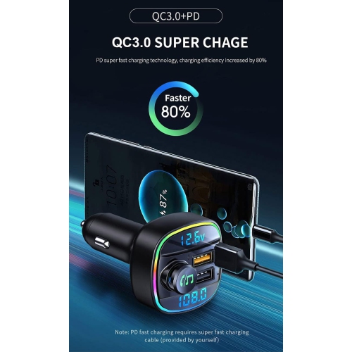 Car Bluetooth FM Transmitter, Hands-free Calling, Dual Screen Display, QC3.0 and USB-C PD 20W Fast Charger and 7 Colors LED Backlight Car Radio