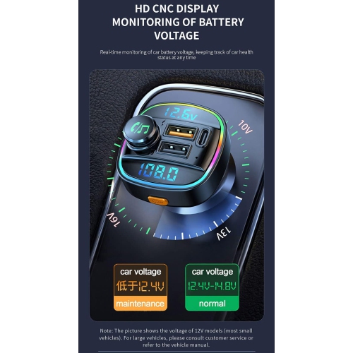 Car Bluetooth FM Transmitter, Hands-free Calling, Dual Screen Display, QC3.0 and USB-C PD 20W Fast Charger and 7 Colors LED Backlight Car Radio