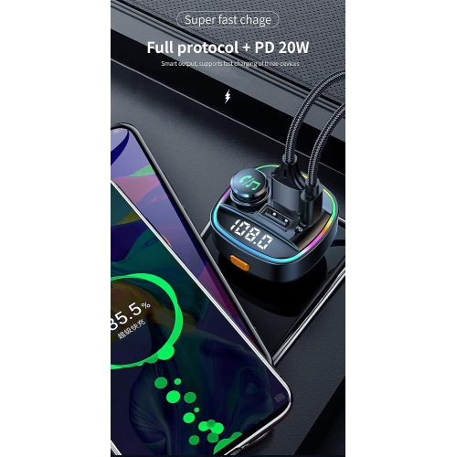 Car Bluetooth FM Transmitter, Hands-free Calling, Dual Screen Display, QC3.0 and USB-C PD 20W Fast Charger and 7 Colors LED Backlight Car Radio