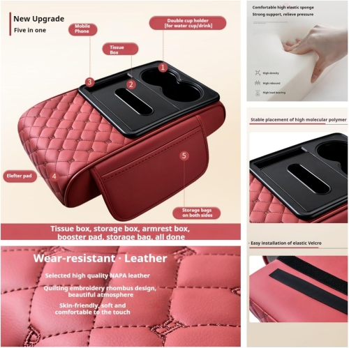 5 in 1 center console cover cloth storage bag car armrest cover pad with cup holder storage bag tissue box armrest box heightened pad car water cup