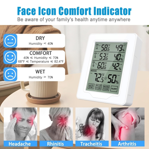 Thermomètre intérieur extérieur sans fil avec 3 capteurs à distance, indicateur numérique d'humidité de température avec portée de 500 pi/150&nbsp;M,
