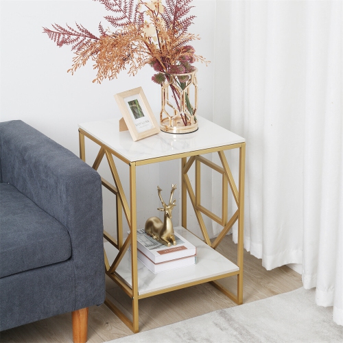 Marble End Table Modern Luxury Sofa Side Table Nightstand with Geometric Frame and Sintered Stone Marble Tabletop, Accent Bedside Table Sofa Table