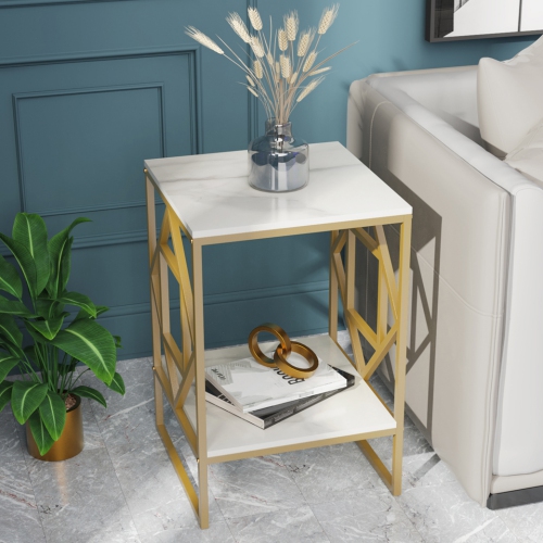 Marble End Table Modern Luxury Sofa Side Table Nightstand with Geometric Frame and Sintered Stone Marble Tabletop, Accent Bedside Table Sofa Table