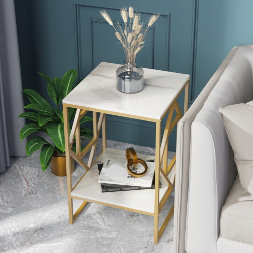 Marble End Table Modern Luxury Sofa Side Table Nightstand with Geometric Frame and Sintered Stone Marble Tabletop, Accent Bedside Table Sofa Table