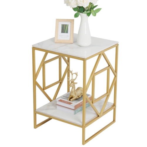 Marble End Table Modern Luxury Sofa Side Table Nightstand with Geometric Frame and Sintered Stone Marble Tabletop, Accent Bedside Table Sofa Table