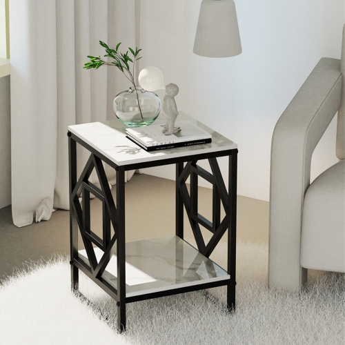 UNHO  Marble End Table Modern Luxury Sofa Side Table Nightstand \w Geometric Frame And Sintered Stone Marble Tabletop, Accent Bedside Table Sofa Table