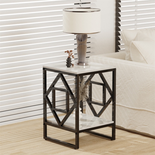 Marble End Table Modern Luxury Sofa Side Table Nightstand with Geometric Frame and Sintered Stone Marble Tabletop, Accent Bedside Table Sofa Table