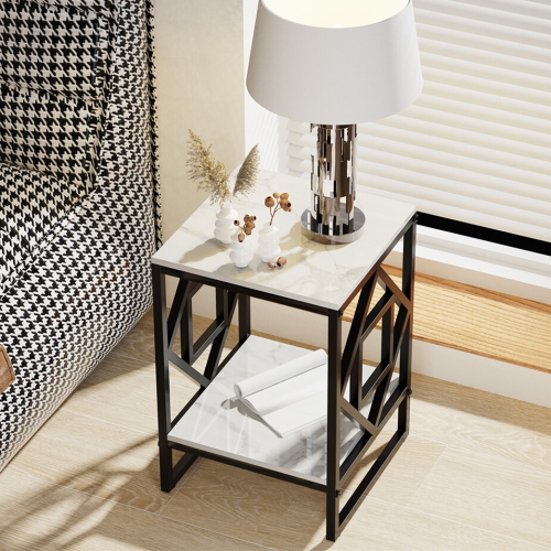 Marble End Table Modern Luxury Sofa Side Table Nightstand with Geometric Frame and Sintered Stone Marble Tabletop, Accent Bedside Table Sofa Table