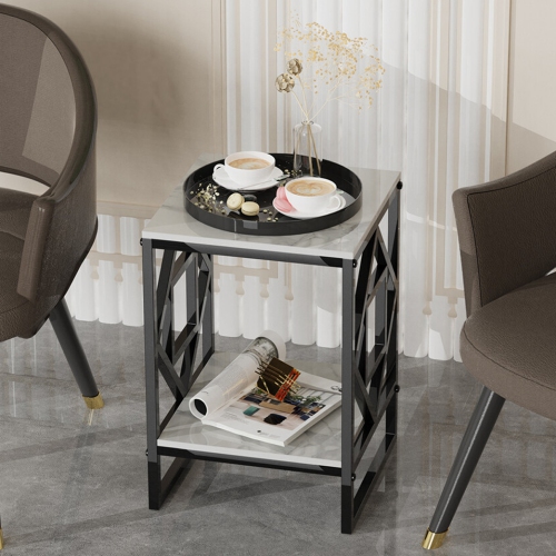 Marble End Table Modern Luxury Sofa Side Table Nightstand with Geometric Frame and Sintered Stone Marble Tabletop, Accent Bedside Table Sofa Table