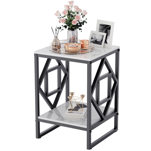 Marble End Table Modern Luxury Sofa Side Table Nightstand with Geometric Frame and Sintered Stone Marble Tabletop, Accent Bedside Table Sofa Table