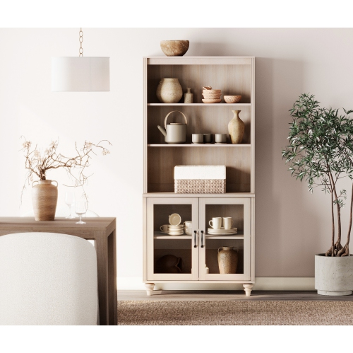 WAMPAT 5 Tier Bookshelf 72" Tall Bookcase with Glass Doors,Large Farmhouse Display Book Shelf with Adjustable Shelves and Storage Cabinet,Wooden