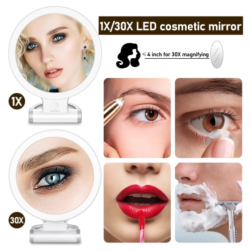 Miroir de maquillage grossissant 30X avec lumière LED, miroir de maquillage rond pliable portatif double face, rotation à 360 degrés convient à la