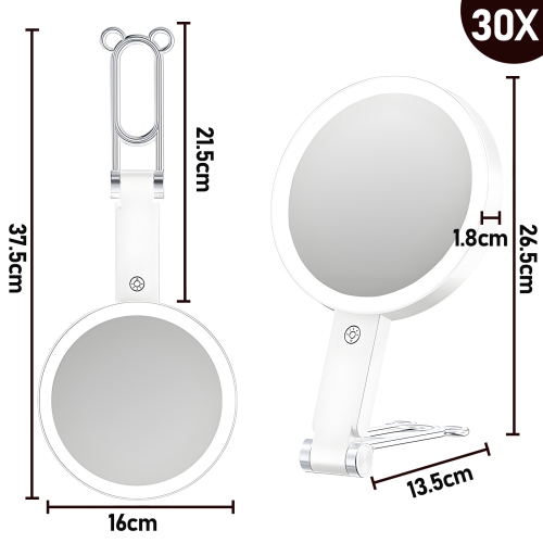 Miroir de maquillage grossissant 30X avec lumière LED, miroir de maquillage rond pliable portatif double face, rotation à 360 degrés convient à la