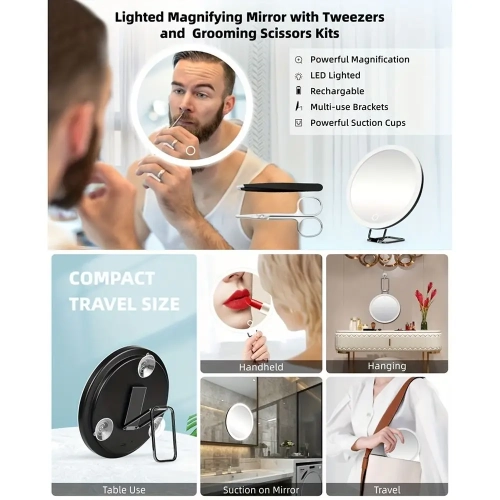 Miroir de maquillage grossissant 10x de 6&nbsp;po, chargement USB avec lampe de remplissage LED, support à 360 degrés convenant à la chambre, la