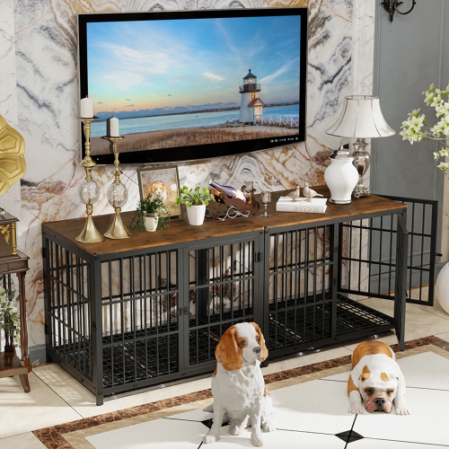 BingoPaw Heavy Duty Dog Crate Furniture for Extra Large Dogs, Decorative Pet House End Table, Indoor Wooden Cage Kennel with 3 Doors, 42.3"L x 28.1"W