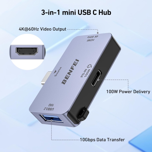BENFEI 3-in-1 USB C Hub, Compact, USB-C to HDMI 4K@60Hz, USB-A 10Gbps, 100W PD