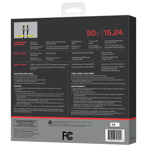 Câble HDMI UHD 4K de 15,24 m (50 pi) de Rocketfish