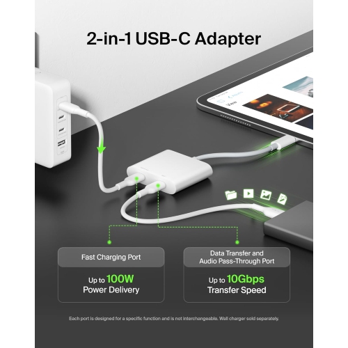 Belkin Connect USB-C to Dual-Port USB-C Adapter, 2 USB-C 3.2 Gen2 Ports & 100W PD for MacBook, iPad, Chromebook, PC - White