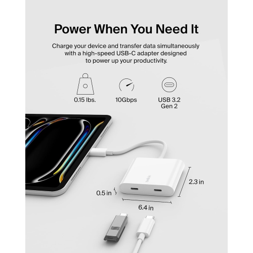 Belkin Connect USB-C to Dual-Port USB-C Adapter, 2 USB-C 3.2 Gen2 Ports & 100W PD for MacBook, iPad, Chromebook, PC - White