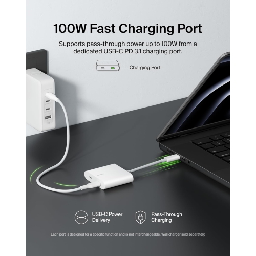 Belkin Connect USB-C to Dual-Port USB-C Adapter, 2 USB-C 3.2 Gen2 Ports & 100W PD for MacBook, iPad, Chromebook, PC - White