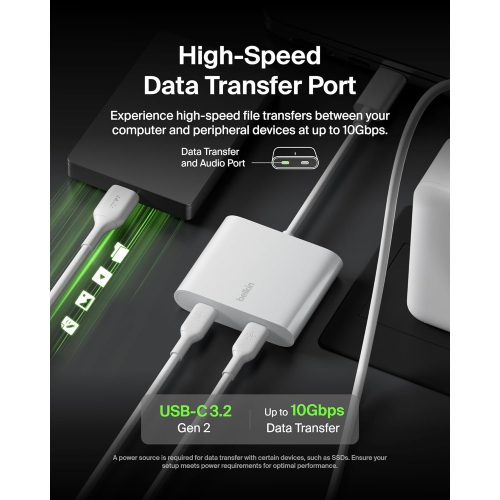 Belkin Connect USB-C to Dual-Port USB-C Adapter, 2 USB-C 3.2 Gen2 Ports & 100W PD for MacBook, iPad, Chromebook, PC - White