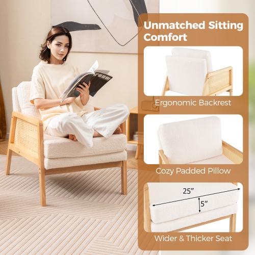 Costway Mid Century Modern Accent Chair Living Room Armchair with Rattan Arms Wooden Frame Brown/Natural