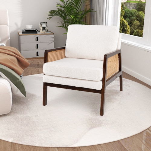 Costway Mid Century Modern Accent Chair Living Room Armchair with Rattan Arms Wooden Frame Brown/Natural