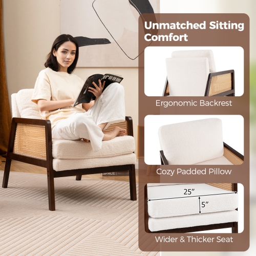 Costway Mid Century Modern Accent Chair Living Room Armchair with Rattan Arms Wooden Frame Brown/Natural