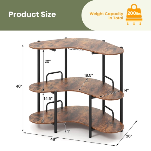 Costway 3-Tier Home Bar Unit with Stemware Racks & Storage Shelves with Metal Frame Brown/Black