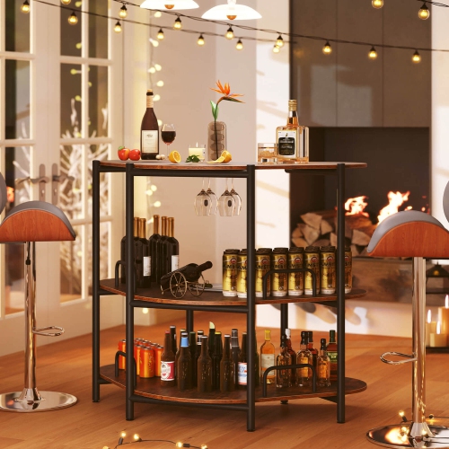 Costway 3-Tier Home Bar Unit with Stemware Racks & Storage Shelves with Metal Frame Brown/Black