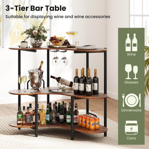 Costway 3-Tier Home Bar Unit with Stemware Racks & Storage Shelves with Metal Frame Brown/Black
