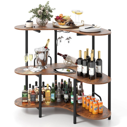 Costway 3-Tier Home Bar Unit with Stemware Racks & Storage Shelves with Metal Frame Brown/Black