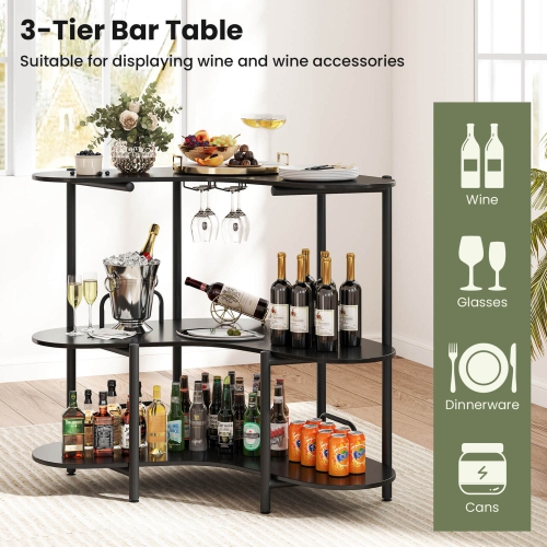 Costway 3-Tier Home Bar Unit with Stemware Racks & Storage Shelves with Metal Frame Brown/Black