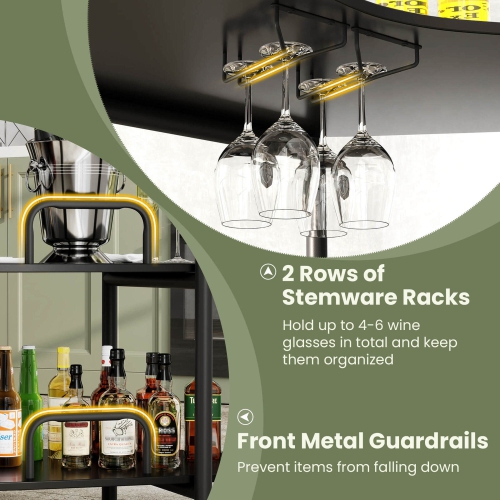 Costway 3-Tier Home Bar Unit with Stemware Racks & Storage Shelves with Metal Frame Brown/Black