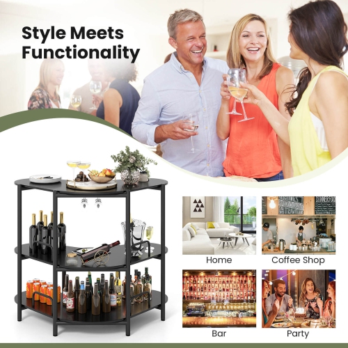 Costway 3-Tier Home Bar Unit with Stemware Racks & Storage Shelves with Metal Frame Brown/Black