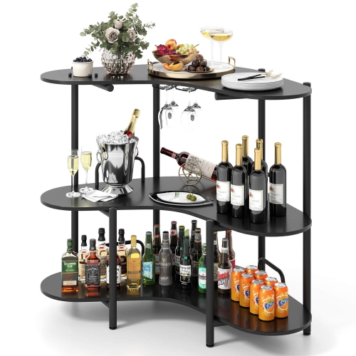 Costway 3-Tier Home Bar Unit with Stemware Racks & Storage Shelves with Metal Frame Brown/Black