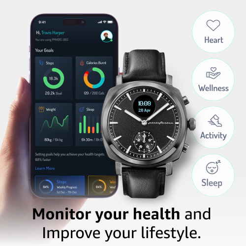 pininfarina Senso Hybrid 44mm Smartwatch - Analogue Watch with Digital Display, Tracks Heart Rate, Steps, Calories, Sleep, Fitness - Slate Grey