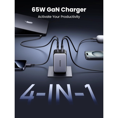UGREEN Nexode 65W 4-Port GaN Fast Charging Block - 3 USB-C and 1 USB-A Fast Wall Charger for MacBook, iPhone, iPad, Galaxy, Pixel, Steam Deck