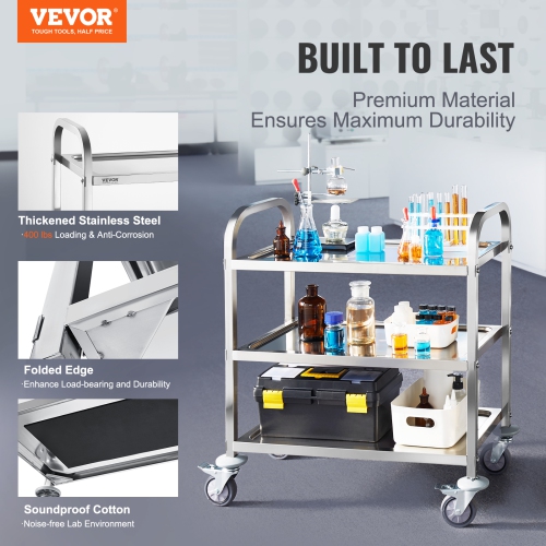 VEVOR&nbsp;3 Layers Stainless Steel Cart,&nbsp;Lab Utility Cart&nbsp;400 lbs Weight Capacity,&nbsp;Medical Cart&nbsp;with Lockable Universal Wheels,